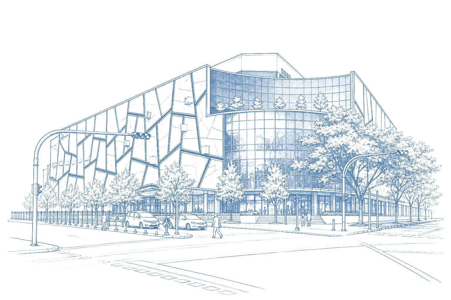 Blueprint line-art study of The Seletar Mall in Singapore